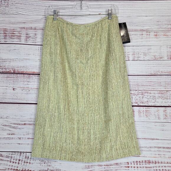 Lafayette 148 Tweed Midi Skirt 10 Cream Light Green Slit Career Quiet Money NWT - Picture 1 of 15